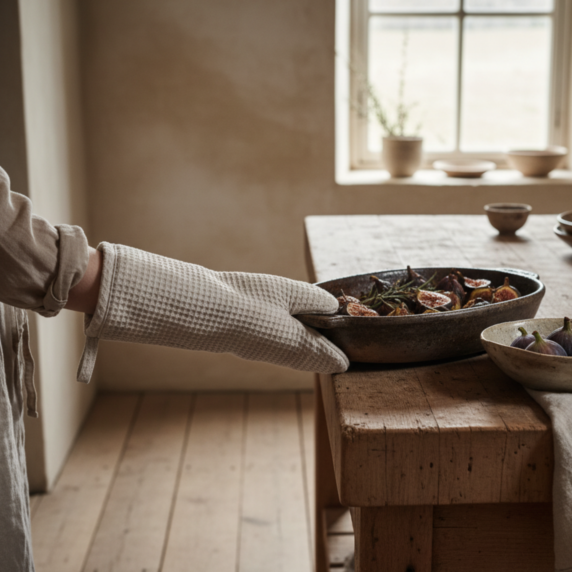 Woven Linen & Cotton Waffle Hot Mitt | Cream