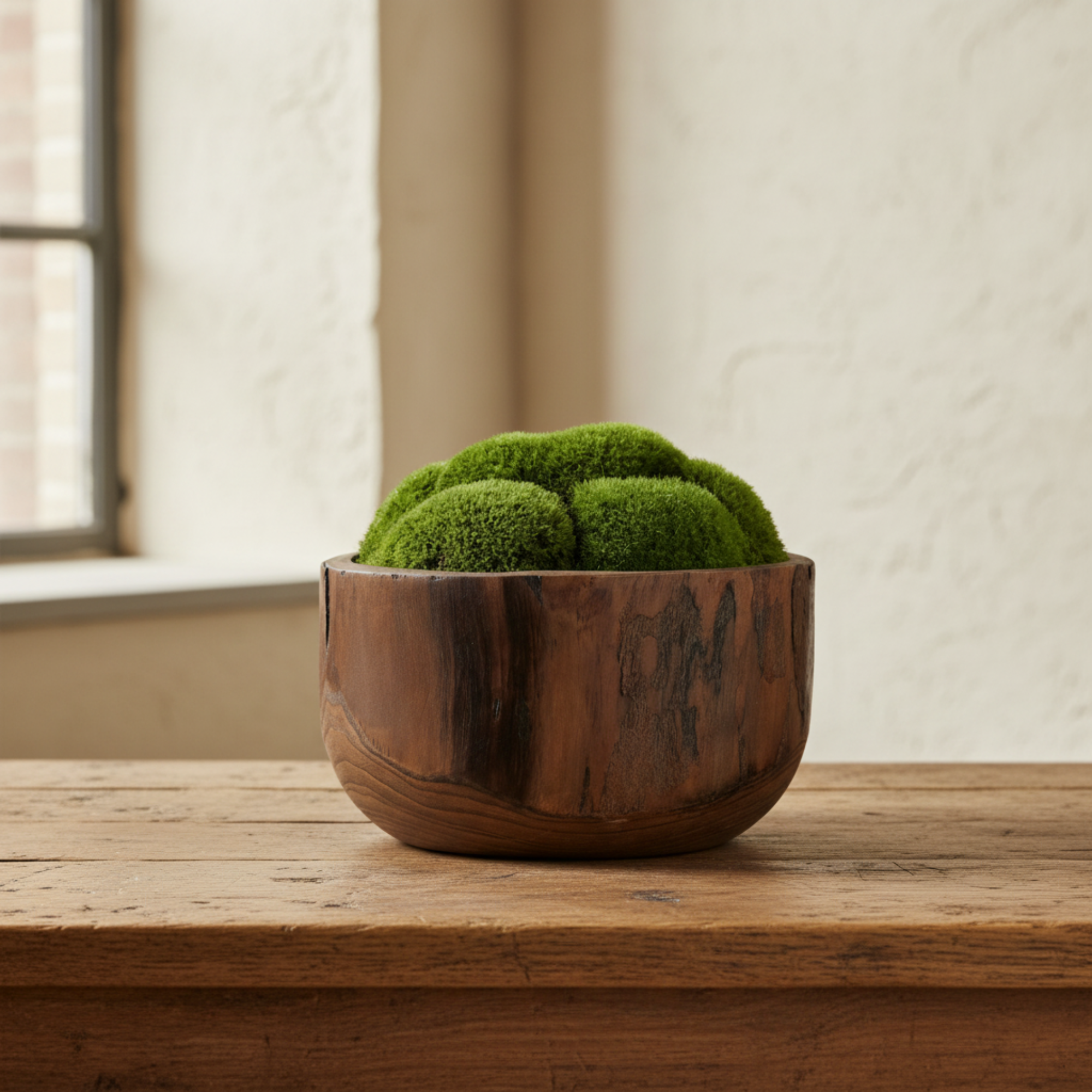 Round Wooden Bowl of Mood Moss