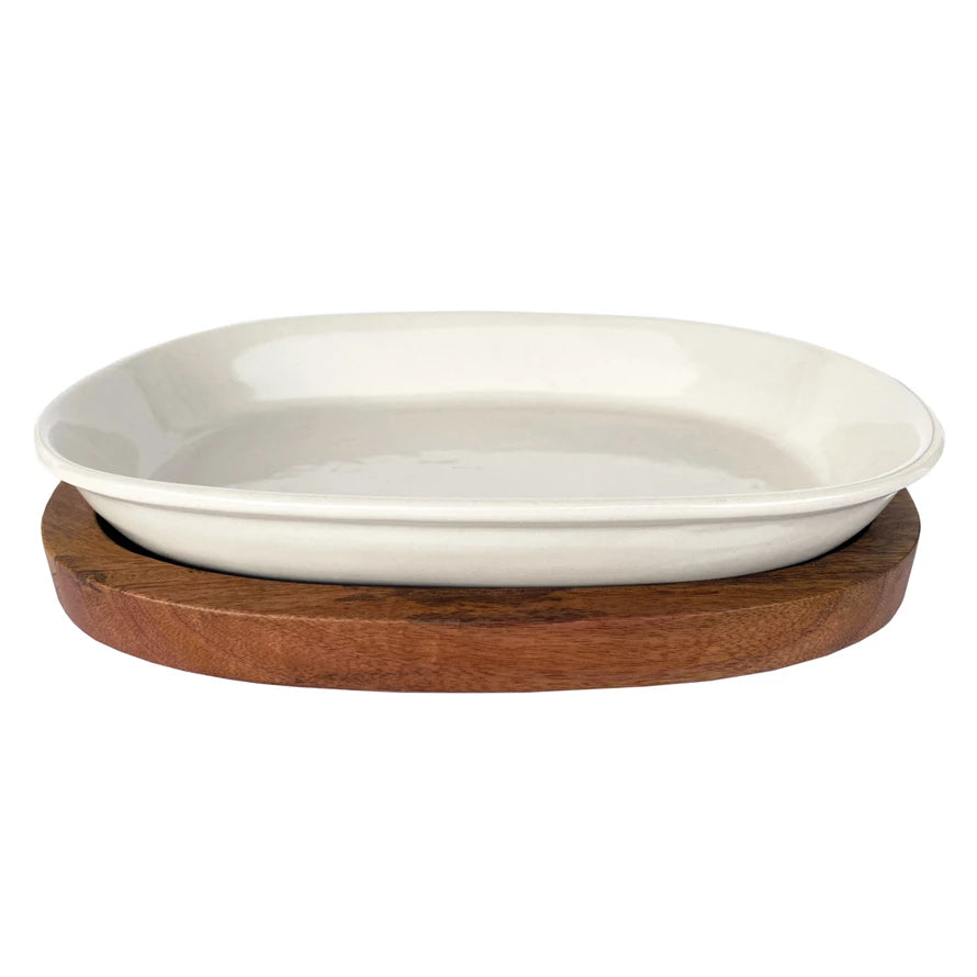 1 Quart Stoneware Serving/Casserole Baker | Mango Wood Base