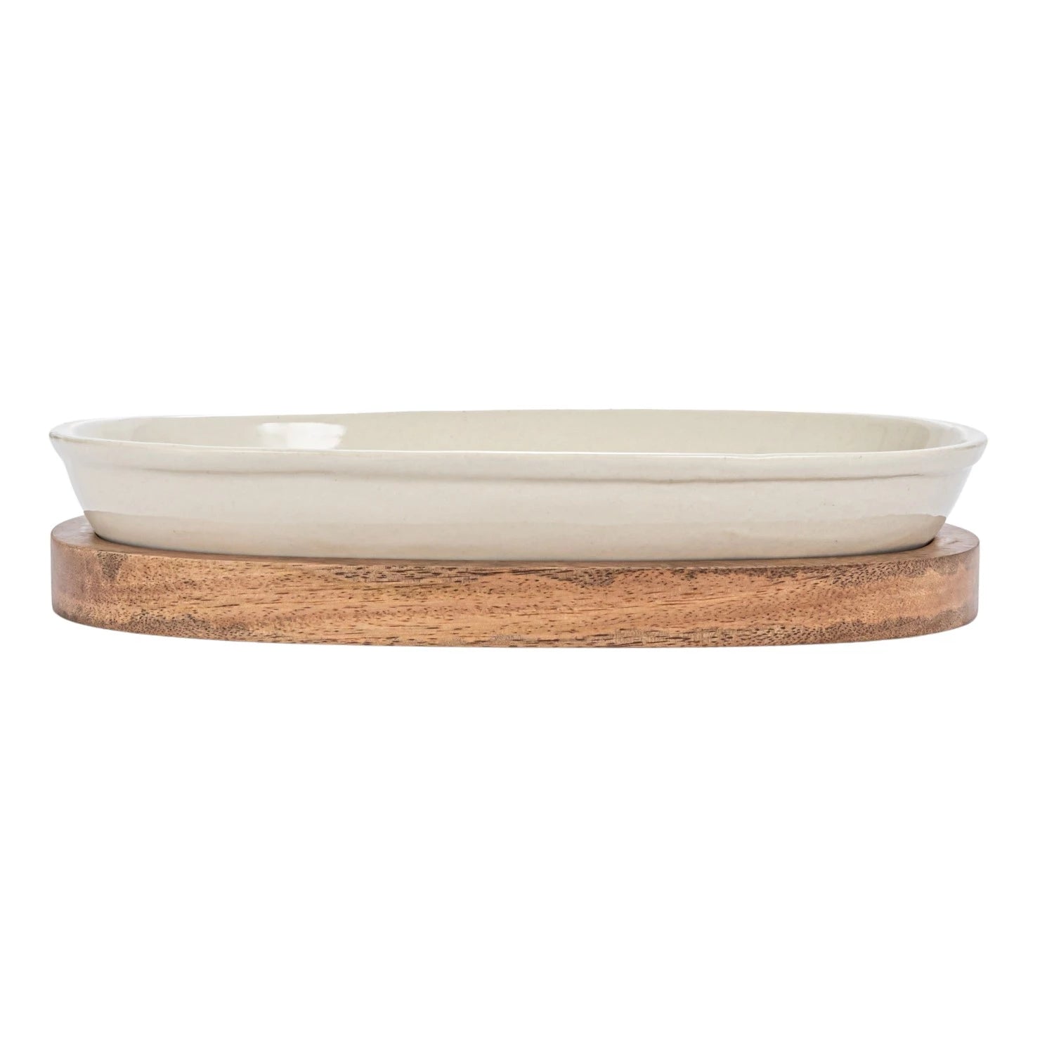 1 Quart Stoneware Serving/Casserole Baker | Mango Wood Base