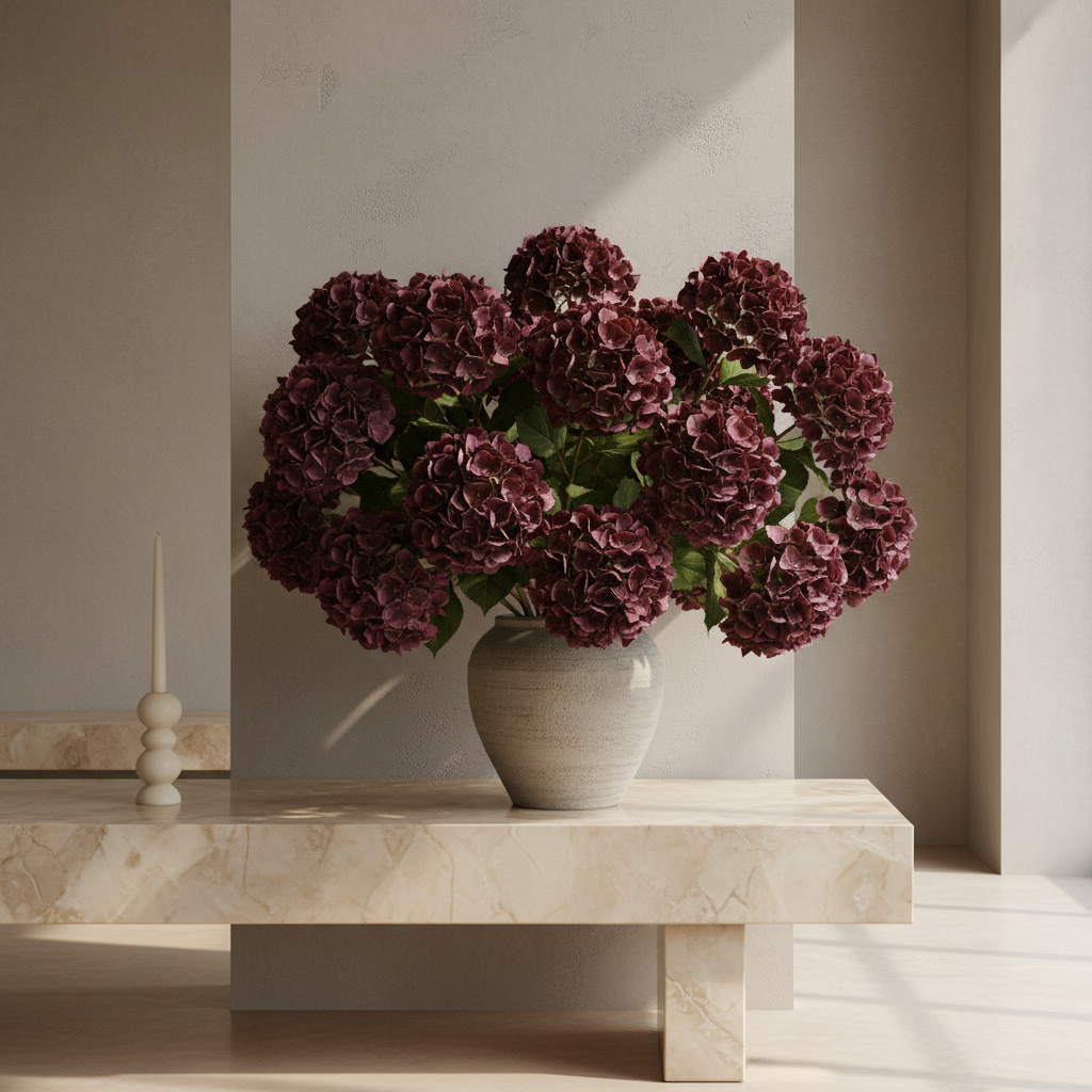 Hydrangea Damson stems in large vase - Clements Design setting