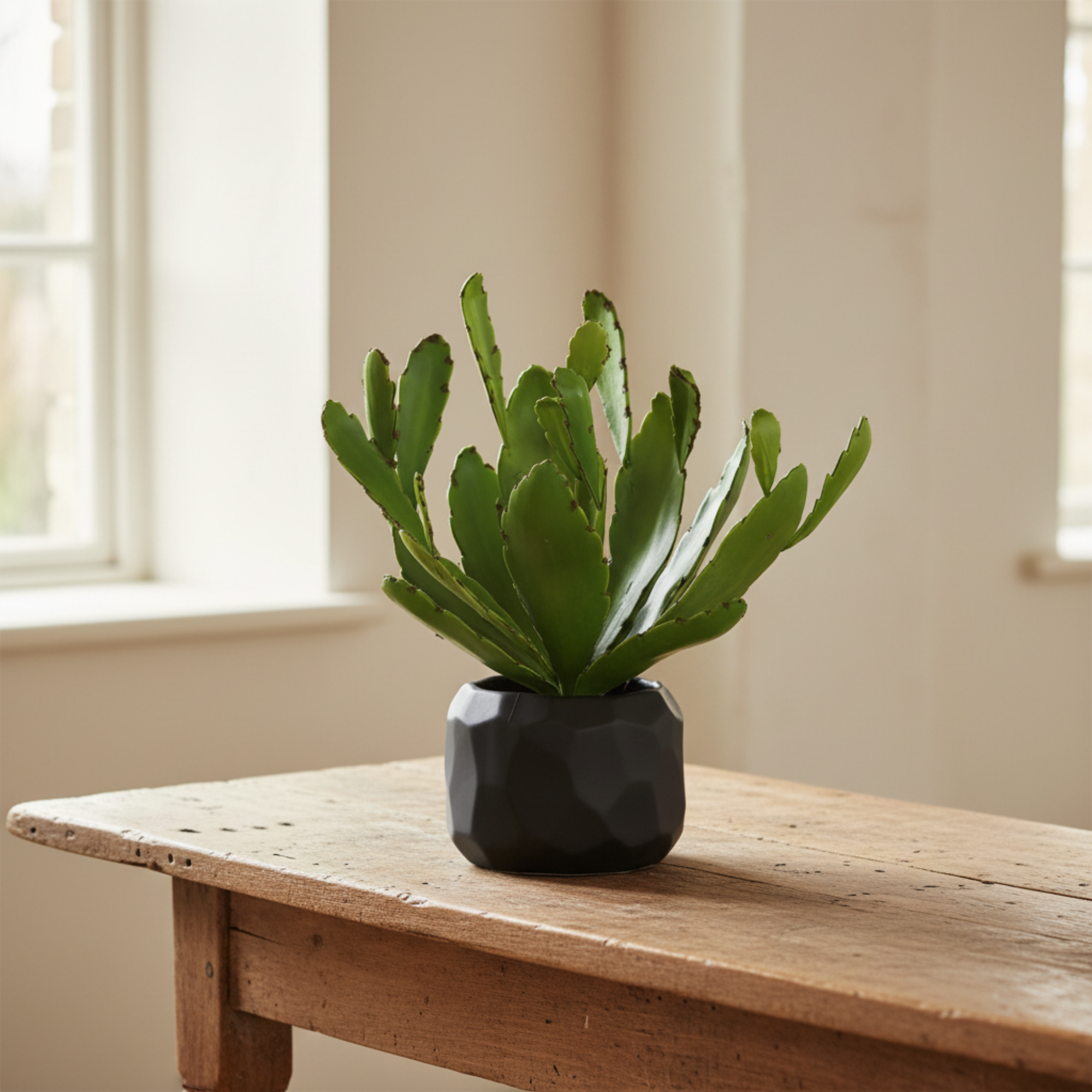 Cactus In Black Multi-Faceted Bowl