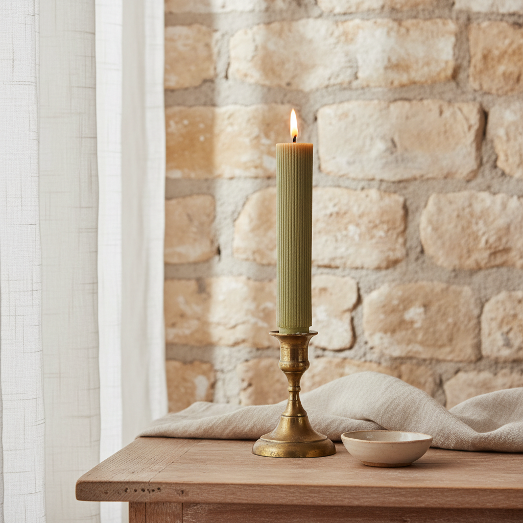 Unscented Pleated Taper Candle Olive - Belgian Stone Wall