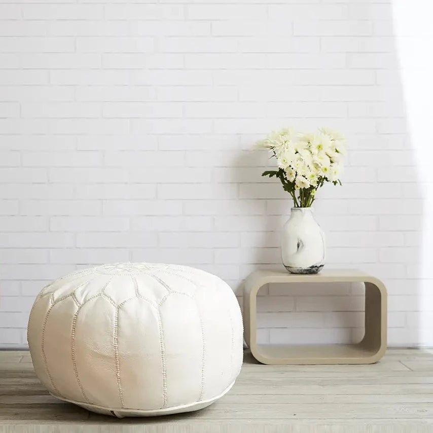 Moroccan Leather Pouf | White