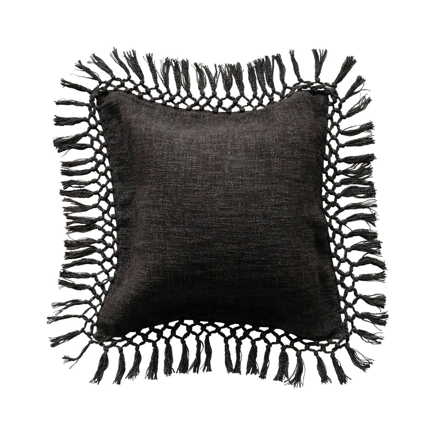 Square Slub Pillow with Crochet & Fringe | Black