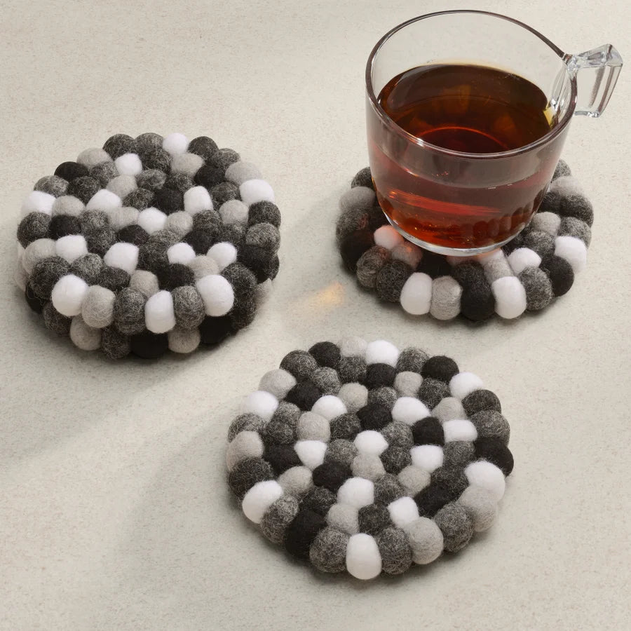 MODWOOL Felt Ball Four Piece Round 4" Diameter Coaster Set | Black/White/Grey