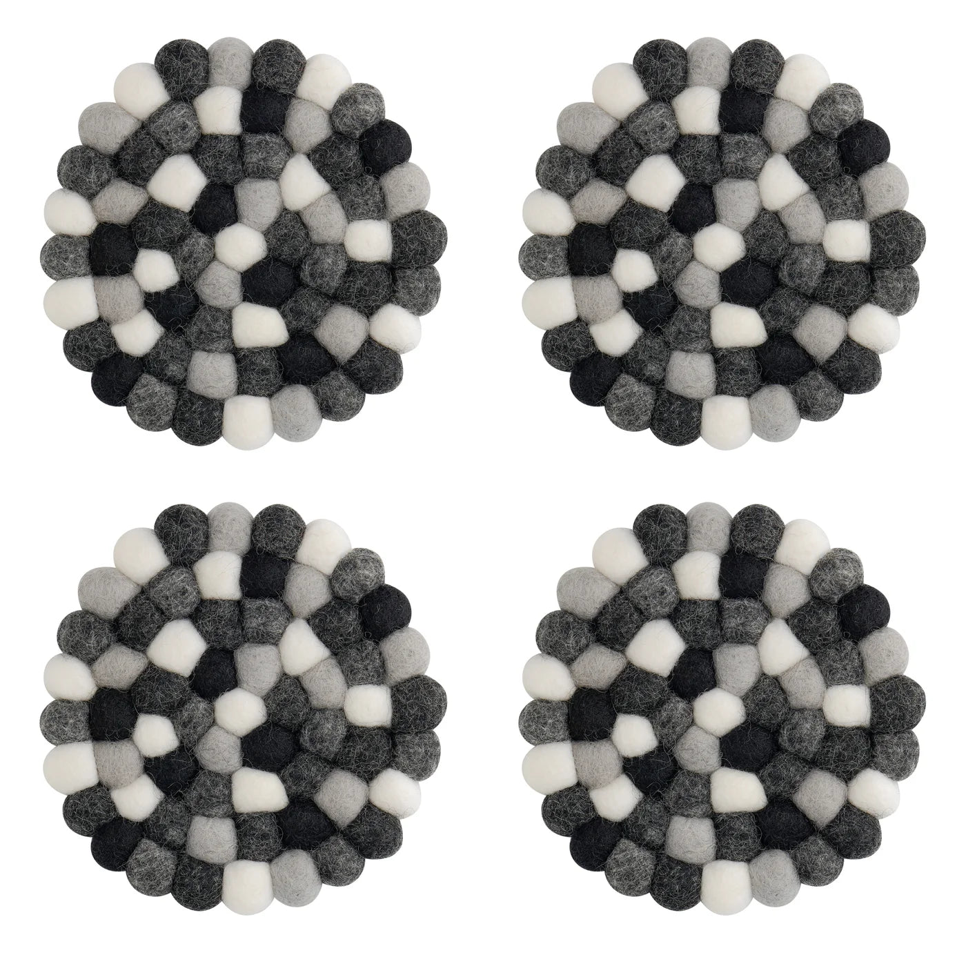 MODWOOL Felt Ball Four Piece Round 4" Diameter Coaster Set | Black/White/Grey