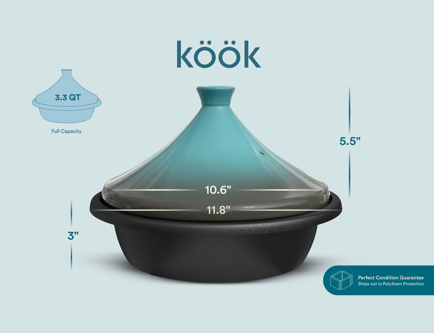 Kook Black Moroccan Enameled Cast Iron Tagine | 3.3 Qt