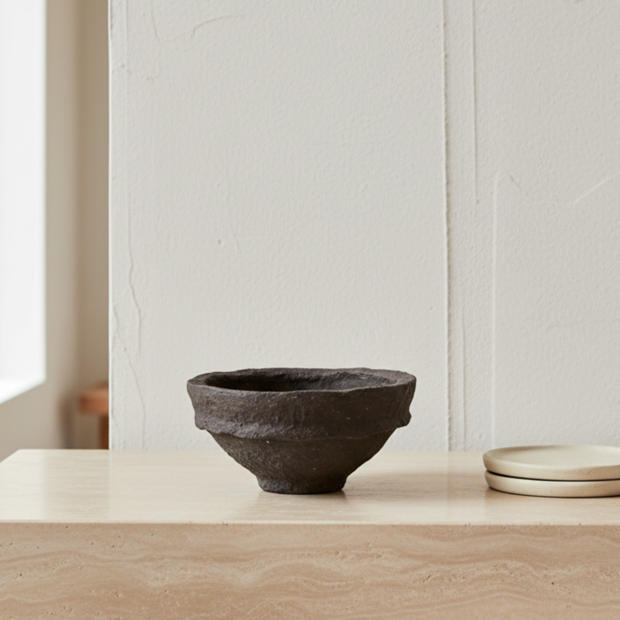 Brown ceramic bowl on a light wooden surface with a neutral background