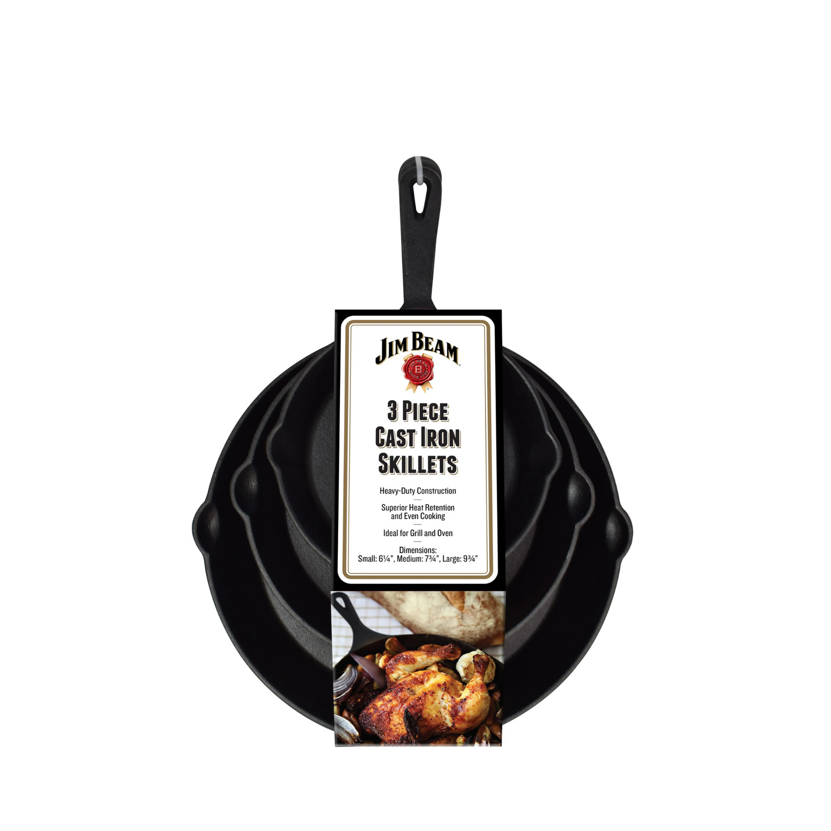 Jim Beam Set of 3 Pre Seasoned Cast Iron Skillets