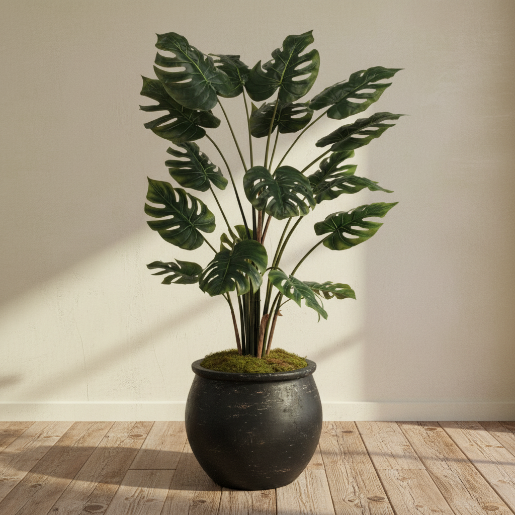 48-inch Split Philo Plant with split leaves in oversized black vintage clay planter with moss on primitive wood flooring in Belgian-inspired home