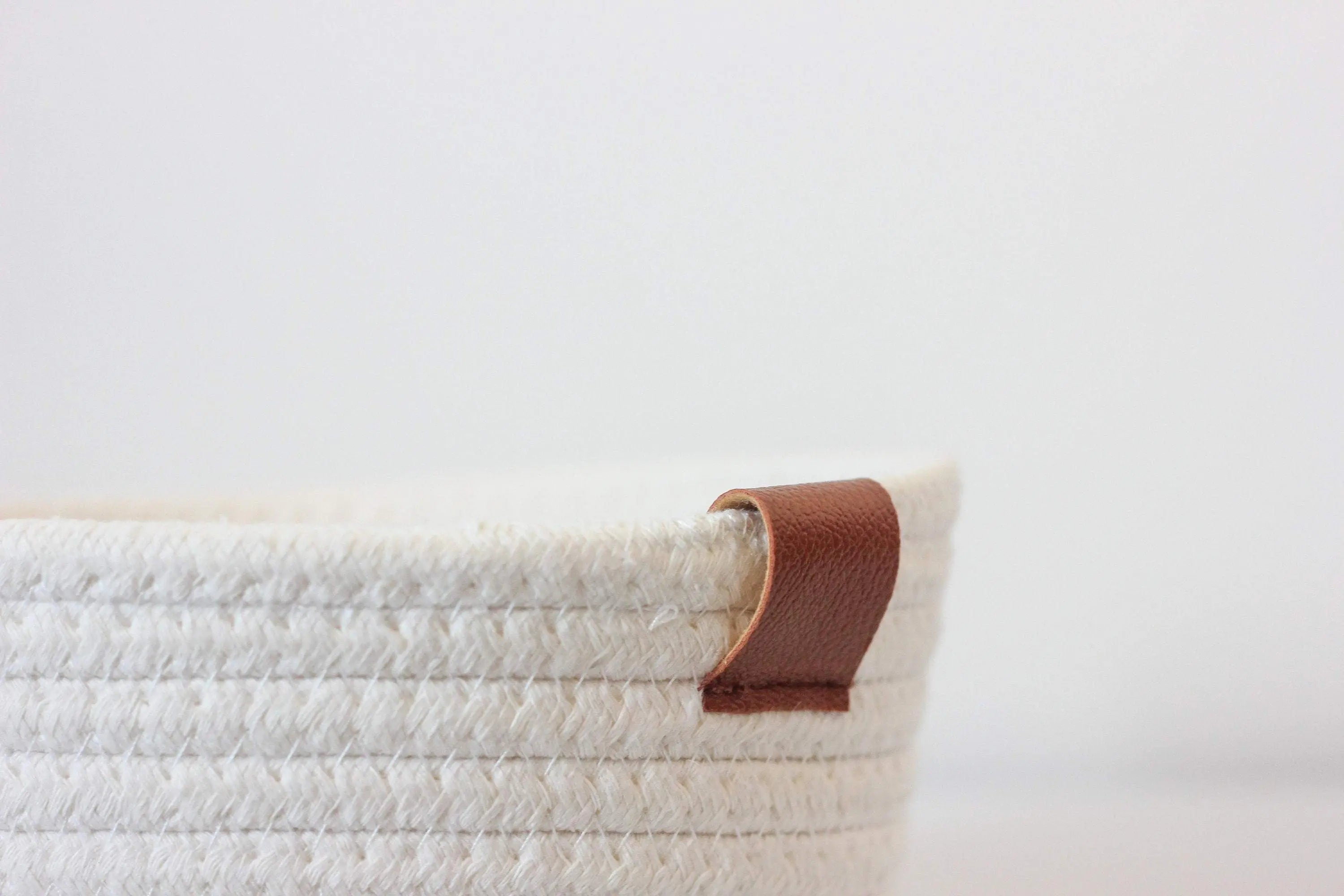 White Woven Cotton Rope Round Basket with Leather Accent | 10"