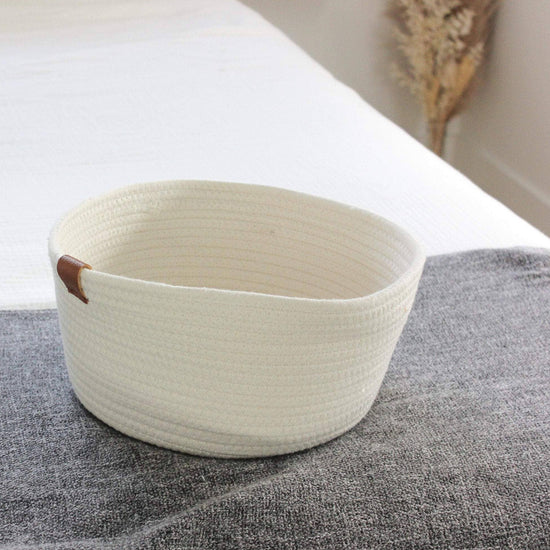 White Woven Cotton Rope Round Basket with Leather Accent | 12"