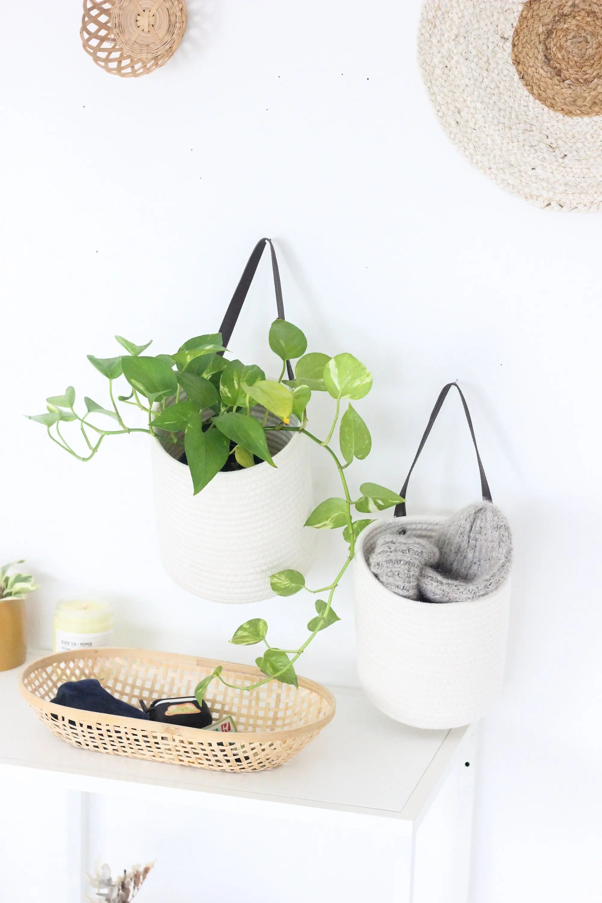 Hanging Storage White Cotton Rope Wall Basket | 6"