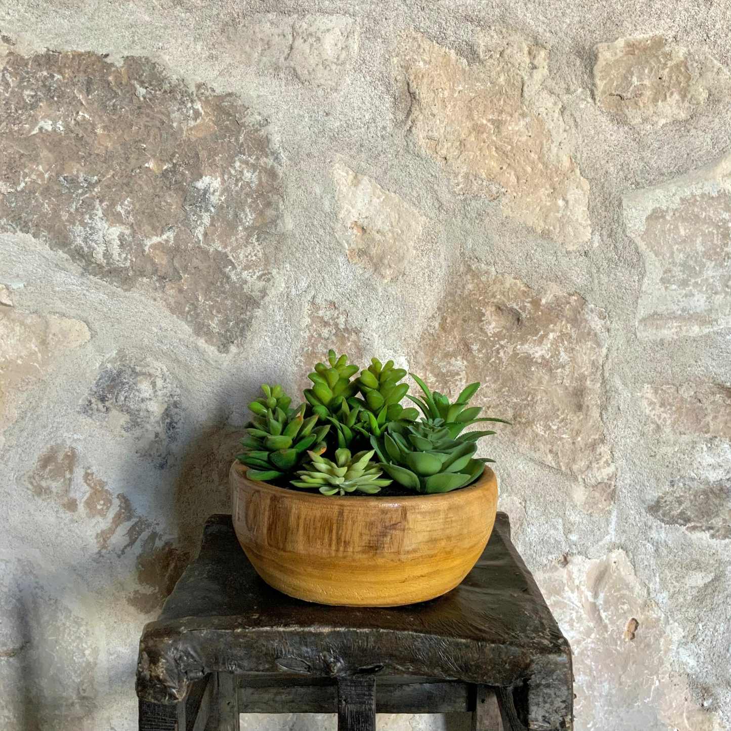 Faux Succulents in Yellow Wooden Pot
