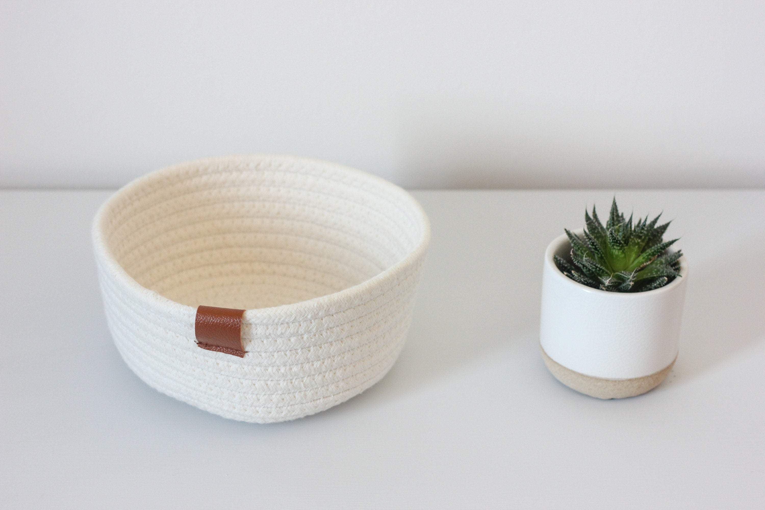 White Woven Cotton Rope Round Basket with Leather Accent | 10"