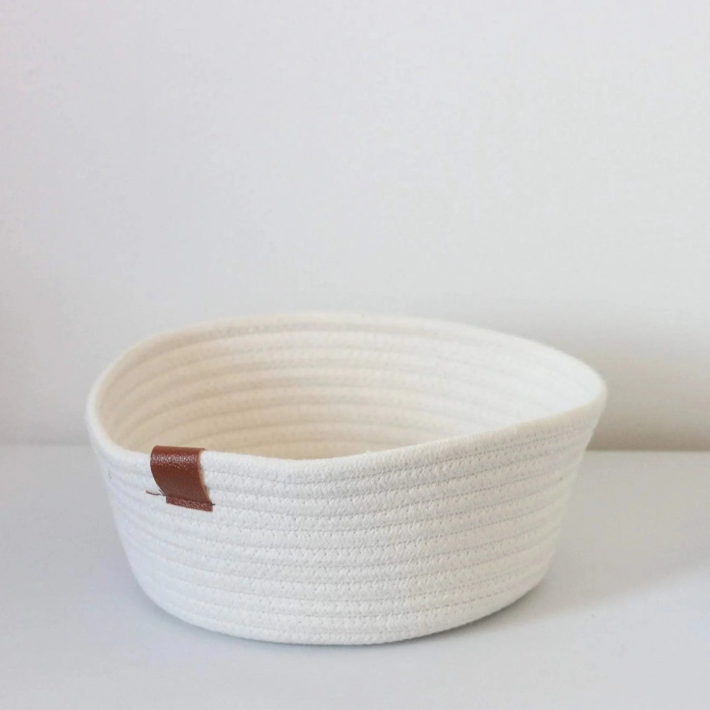 White Woven Cotton Rope Round Basket with Leather Accent | 10"