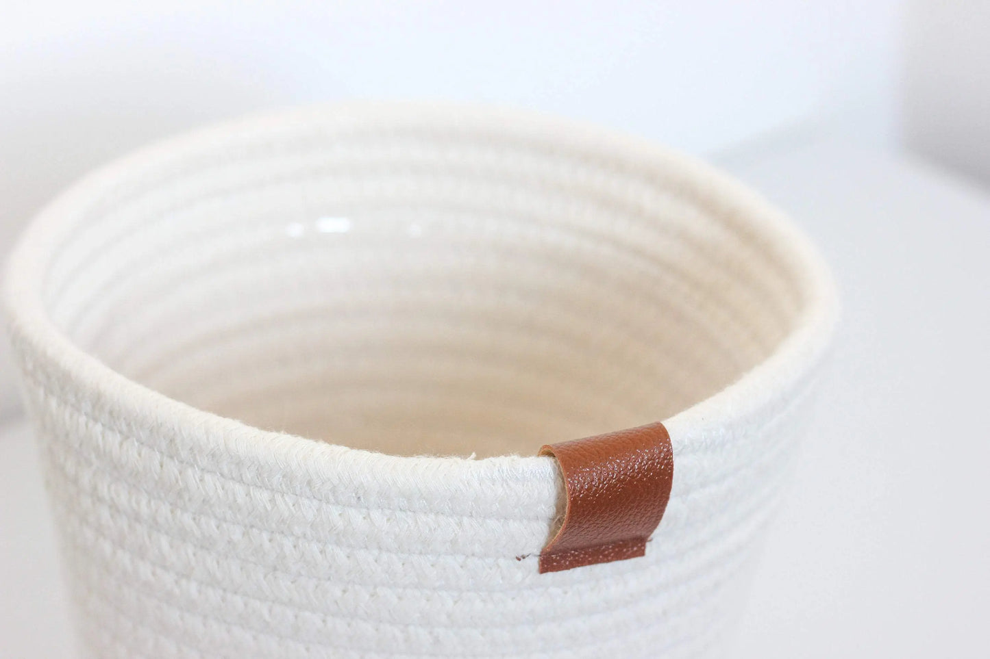 White Cotton Rope Craft/Plant Basket With Leather Accent | 7"