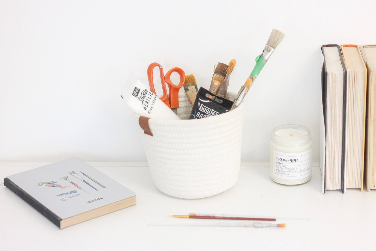 White Cotton Rope Craft/Plant  Basket With Leather Accent | 5"