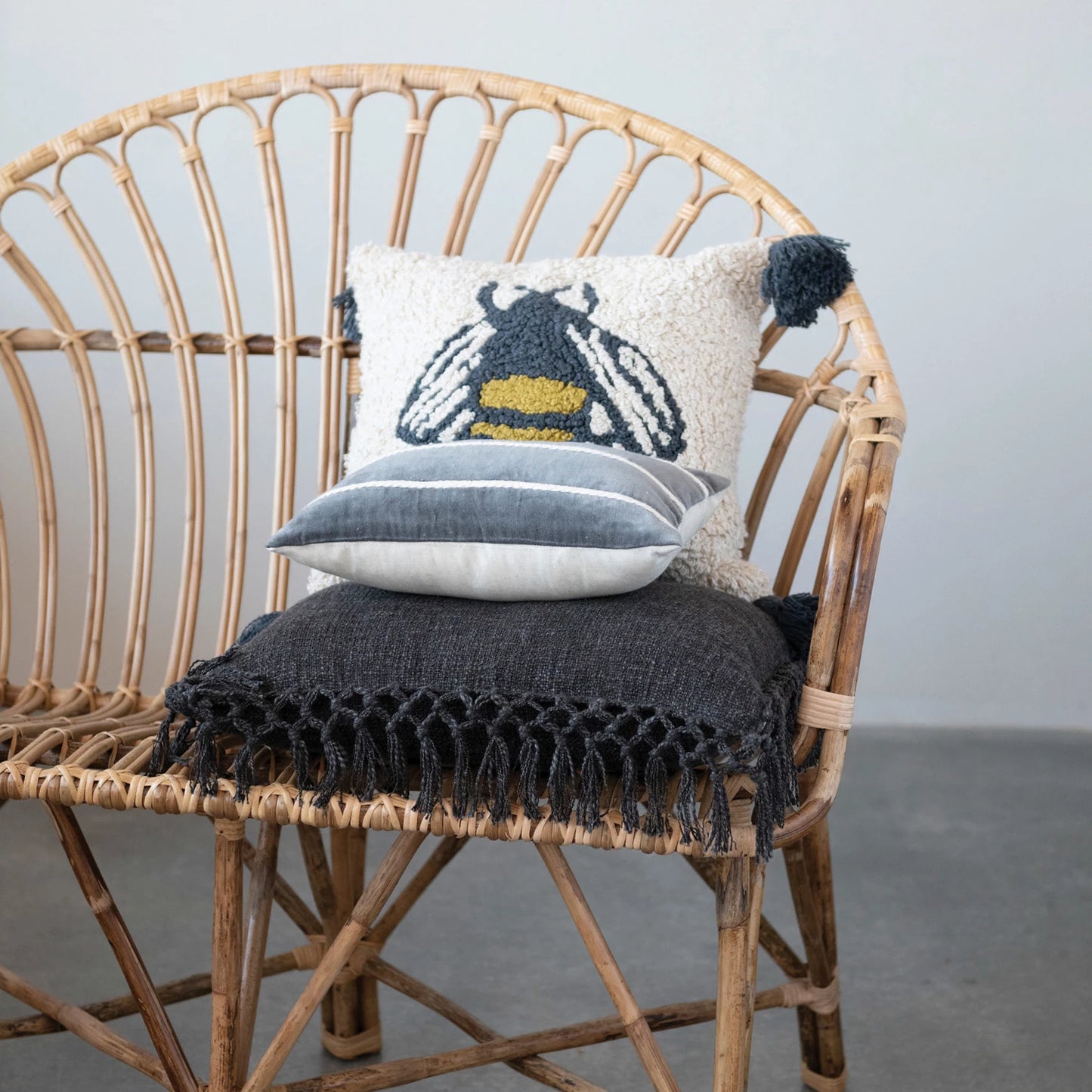 Square Slub Pillow With Crochet & Fringe | Black