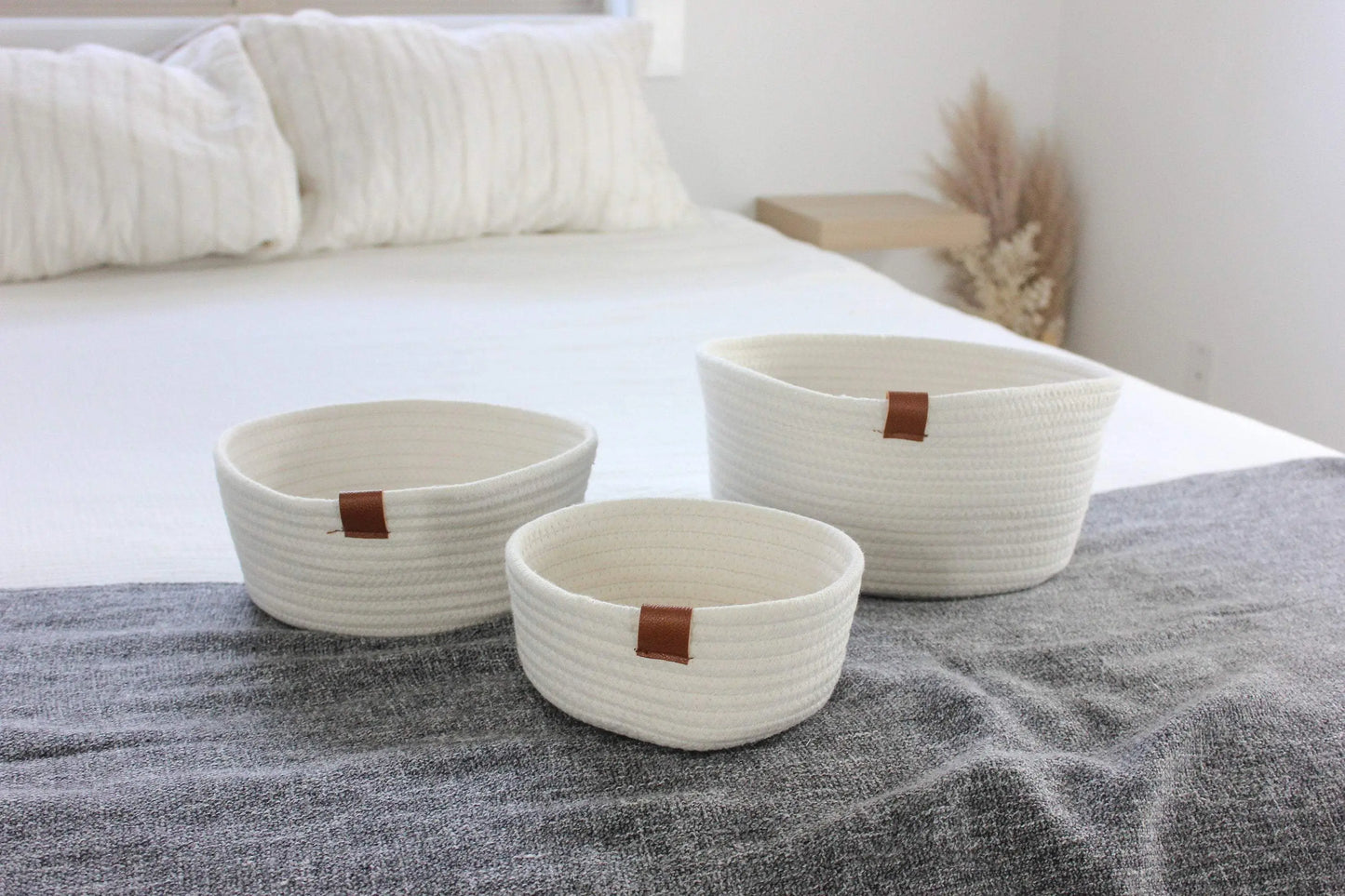 Load image into Gallery viewer, White Woven Cotton Rope Round Basket with Leather Accent | 12&amp;quot;
