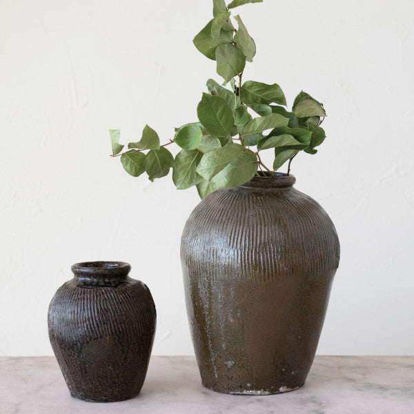 Found Decorative Textured Clay Jar | Large